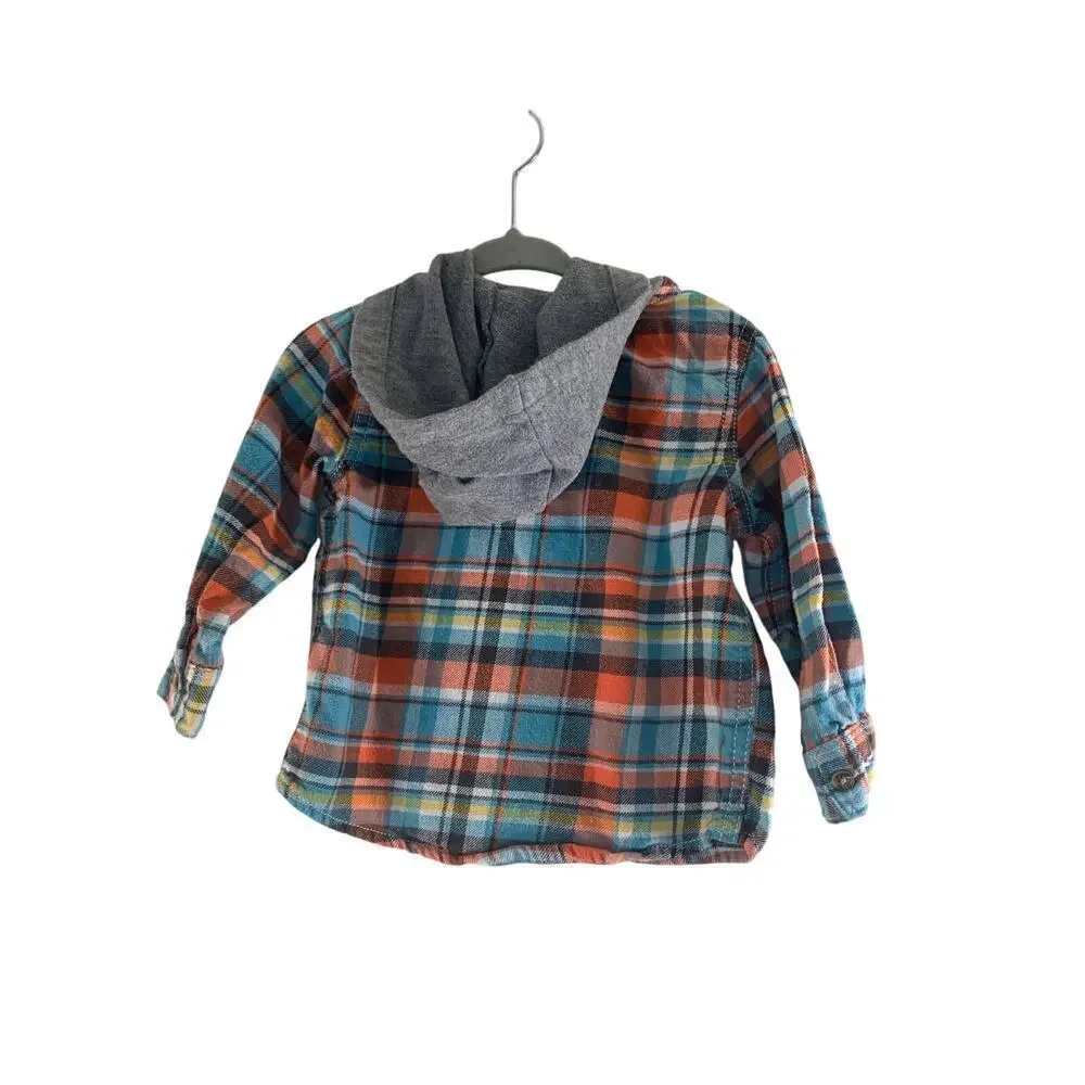 CARTER’S Boy’s Hooded Button Down Long Sleeve Flannel Shirt / Size: 12 Months